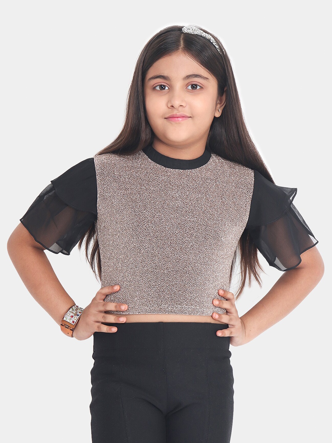 

YK Girls Copper-Toned Shimmer Colourblocked Crop Top with Ruffled Sleeves