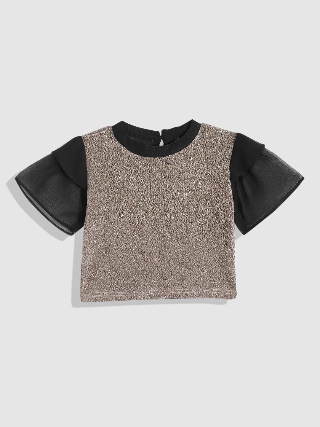

YK Girls Copper-Toned Shimmer Colourblocked Ruffle sleeves Crop Top, Grey