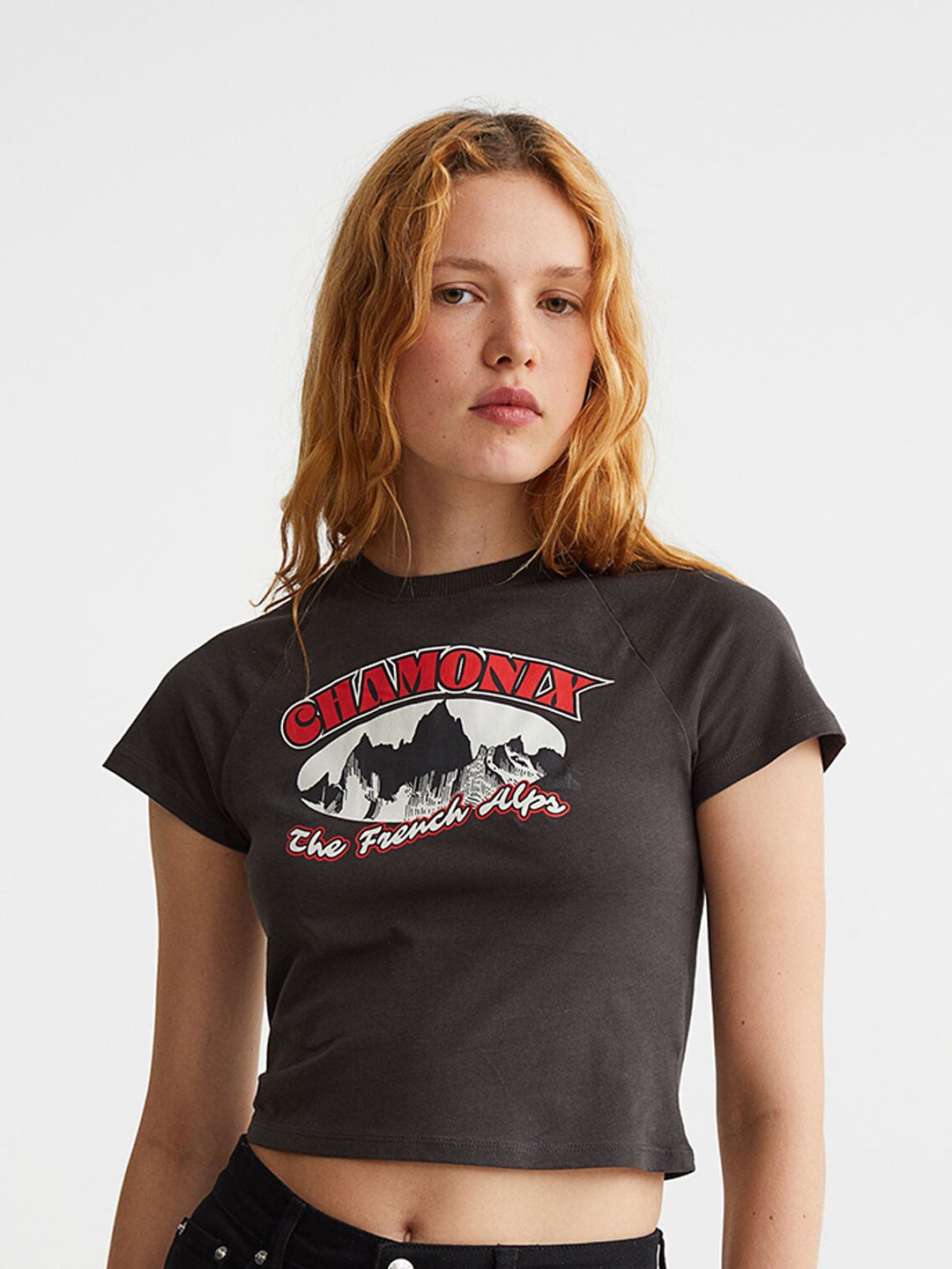 

H&M Women Black Cropped Printed Top