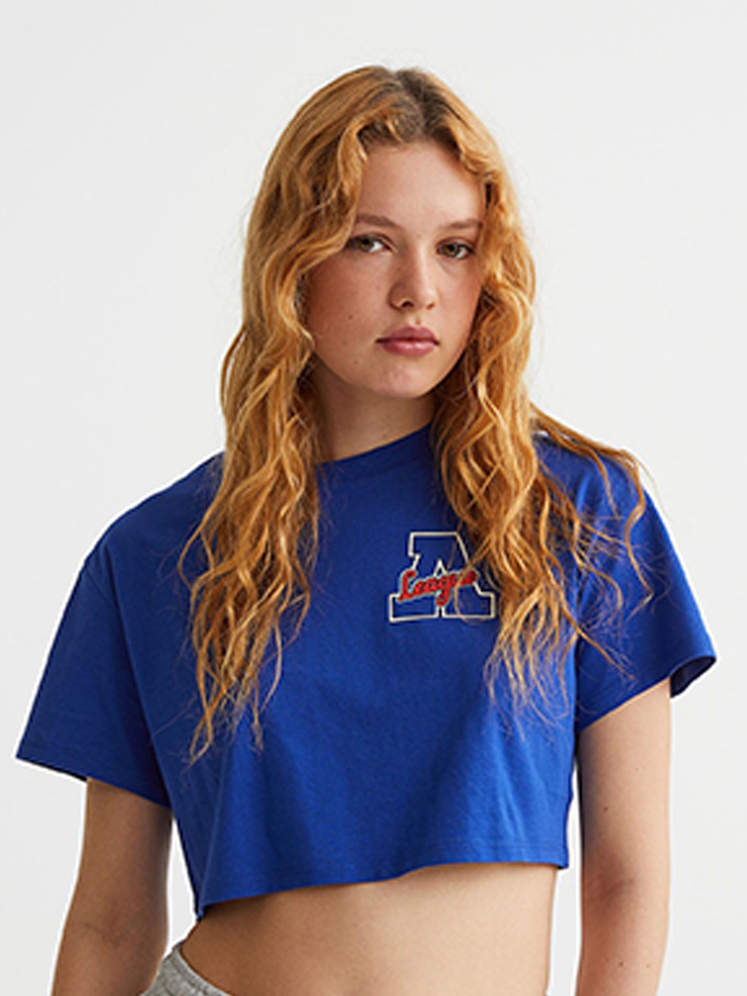 

H&M Women Blue Cotton Cropped Printed Top