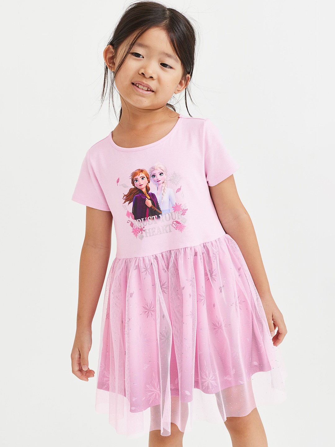 

H&M Girls Pink Printed Cotton Tulle-Skirt Jersey Dress
