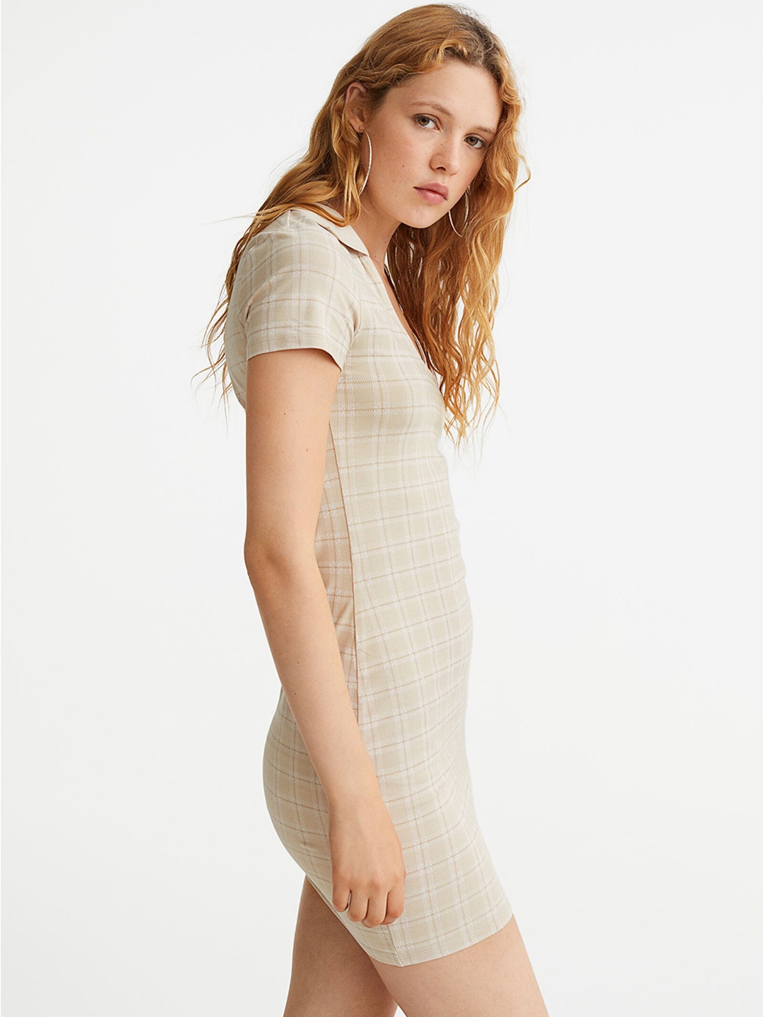 

H&M Women Beige Checked Collared Bodycon Dress