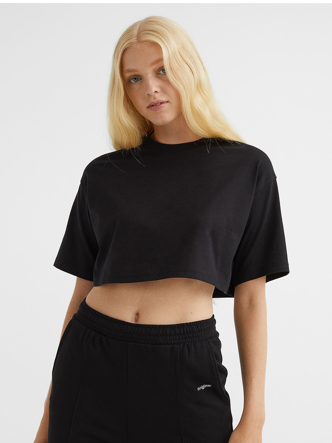 

H&M Women Black Cropped Cotton T-shirt