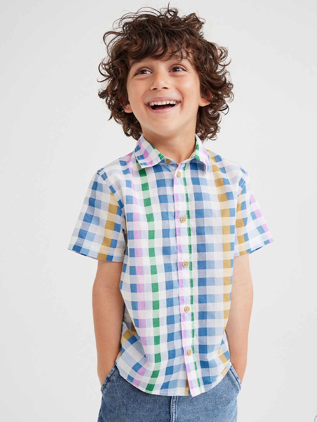 

H&M Boys Multicolored Short-Sleeved Cotton Shirt, Blue