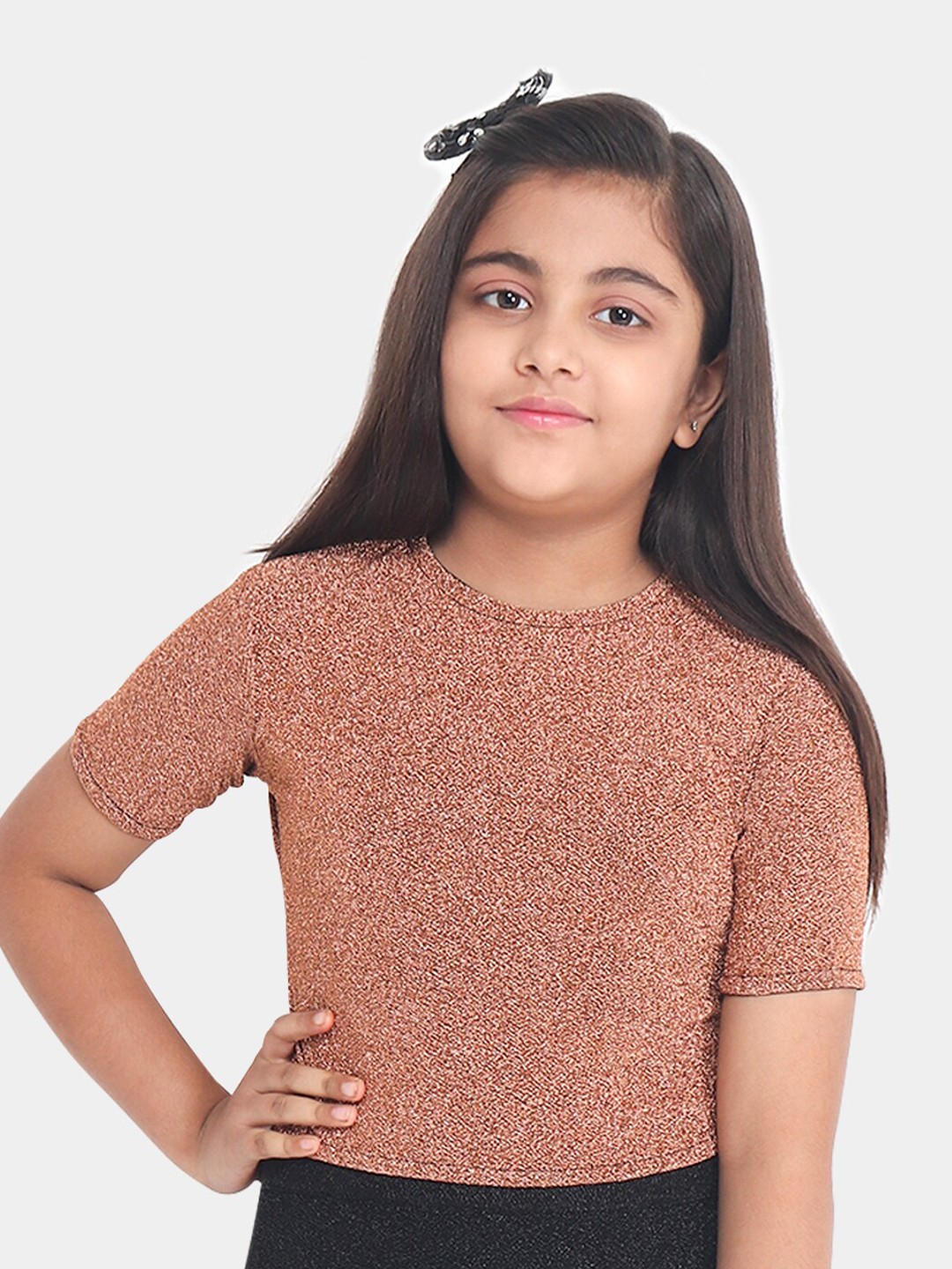 

YK Girls Shimmer Short Sleeves Crop Top, Rose gold
