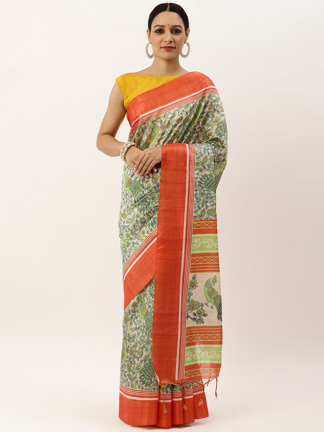 

VISHNU WEAVES Red & Gold-Toned Ethnic Motifs Jute Silk Tussar Saree