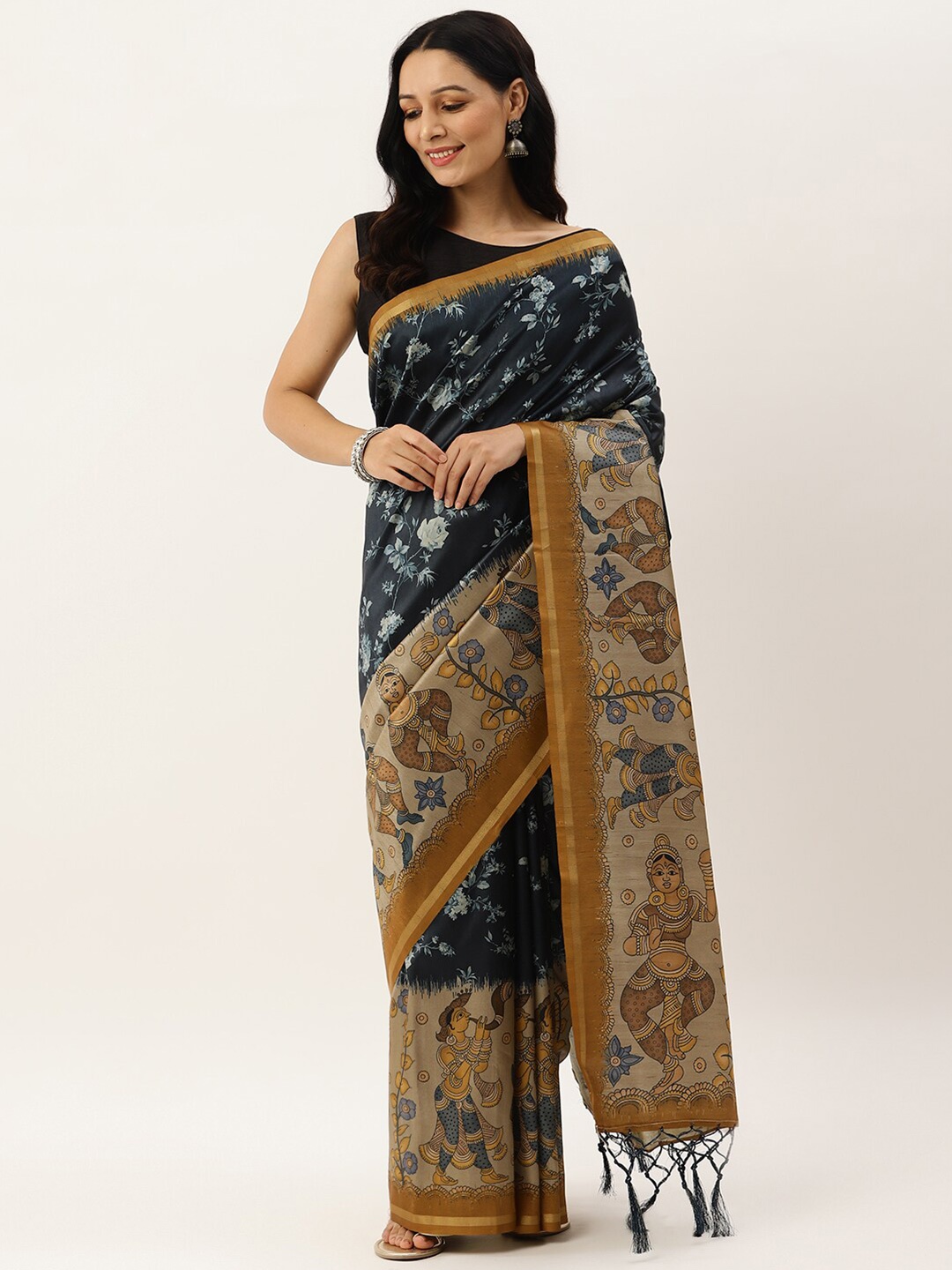 

VISHNU WEAVES Navy Blue & Brown Ethnic Motifs Zari Jute Silk Tussar Saree