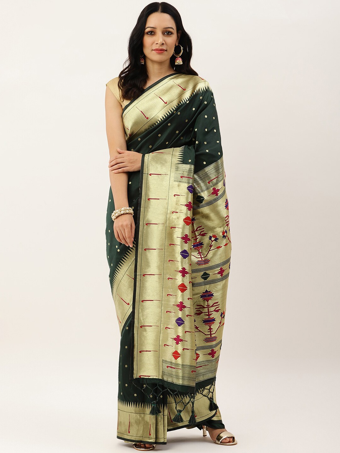 

VISHNU WEAVES Green & Red Ethnic Motifs Zari Silk Blend Paithani Saree