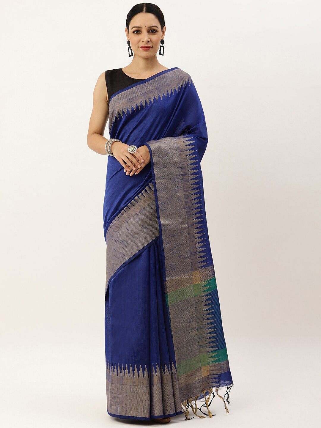 

VISHNU WEAVES Blue & Grey Zari Woven Design Bhagalpuri Saree