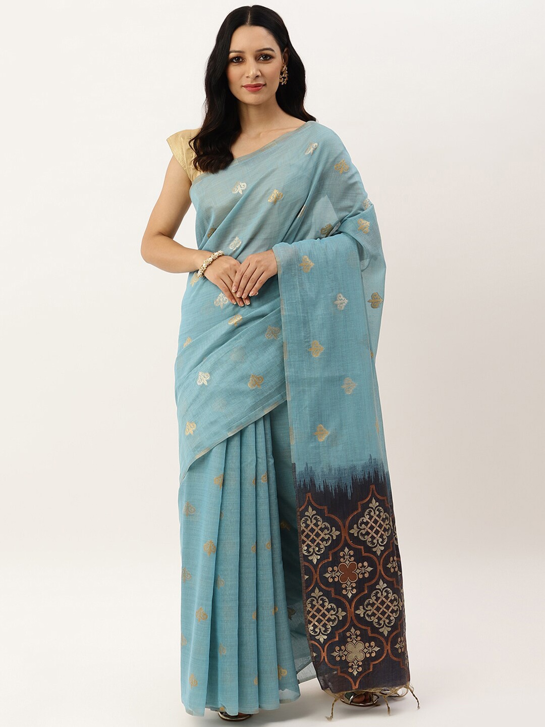 

VISHNU WEAVES Turquoise Blue & Grey Woven Design Zari Pure Linen Banarasi Saree