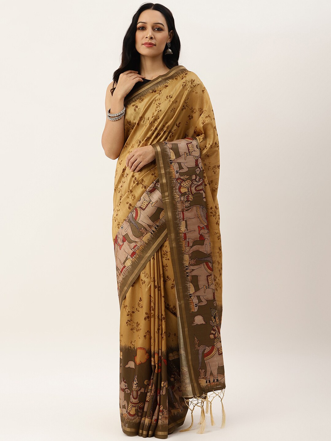 

VISHNU WEAVES Beige & Brown Kalamkari Zari Jute Silk Tussar Saree