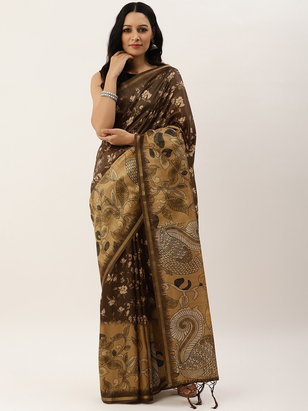 

VISHNU WEAVES Brown & Gold-Toned Floral Zari Jute Silk Tussar Saree
