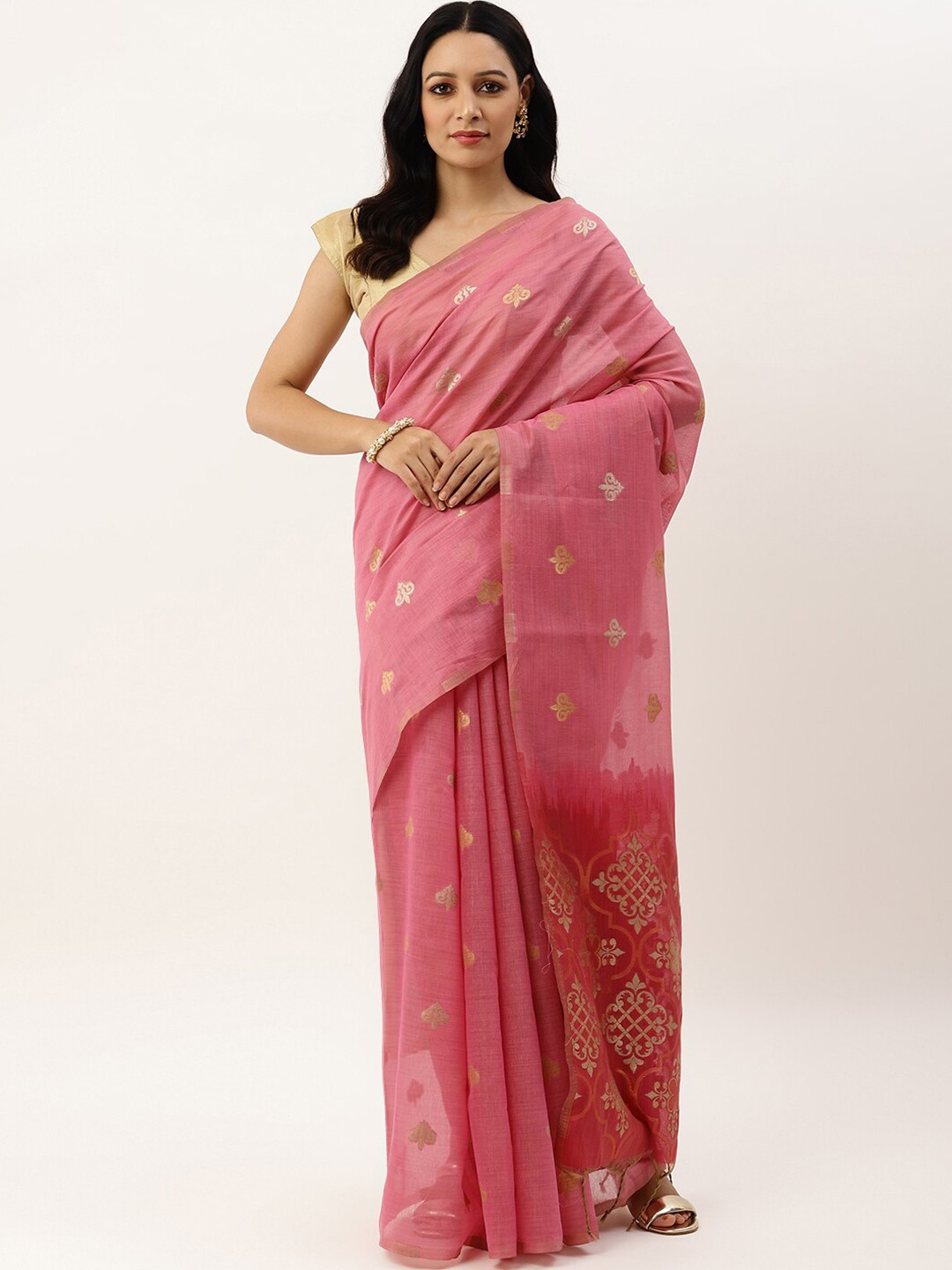 

VISHNU WEAVES Women Pink & Gold-Toned Ethnic Motifs Pure Linen Banarasi Saree