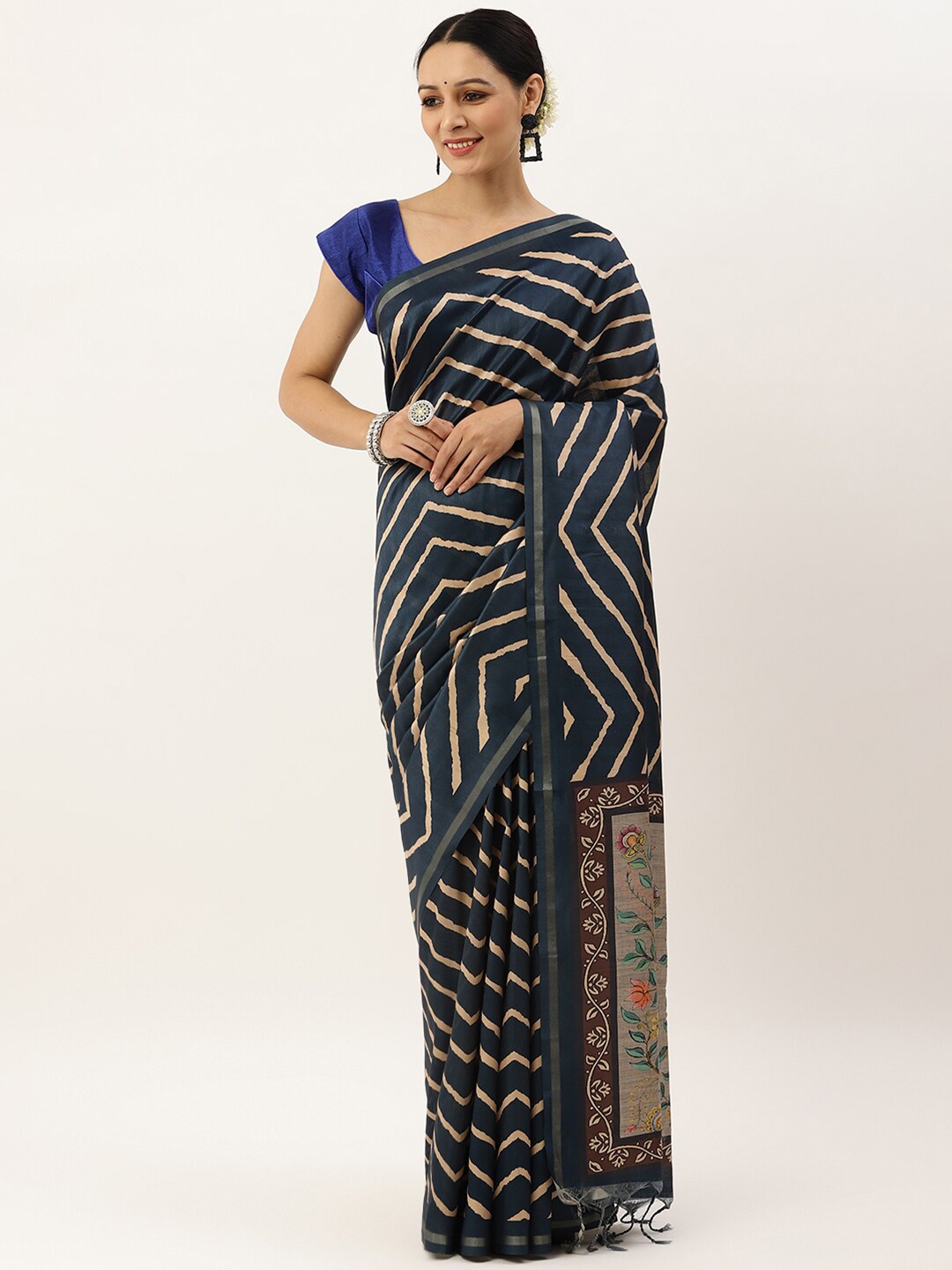 

VISHNU WEAVES Navy Blue & Gold-Toned Ethnic Motifs Jute Silk Tussar Saree