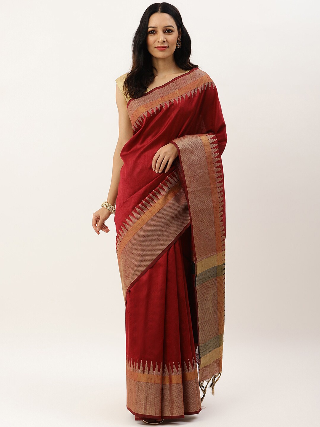 

VISHNU WEAVES Maroon & Gold-Toned Zari Bhagalpuri Saree