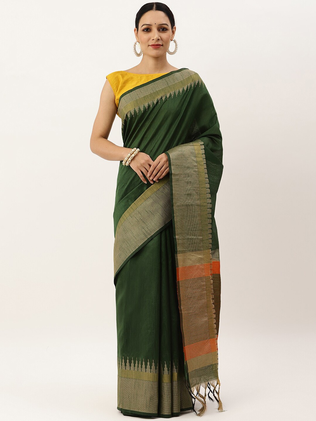 

VISHNU WEAVES Olive Green & Orange Woven Design Zari Bhagalpuri Saree
