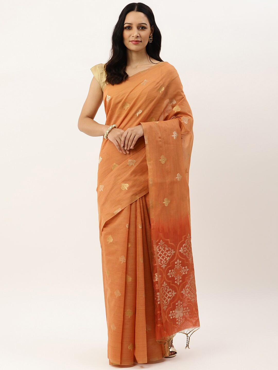 

VISHNU WEAVES Orange & Gold-Toned Woven Design Pure Linen Banarasi Saree