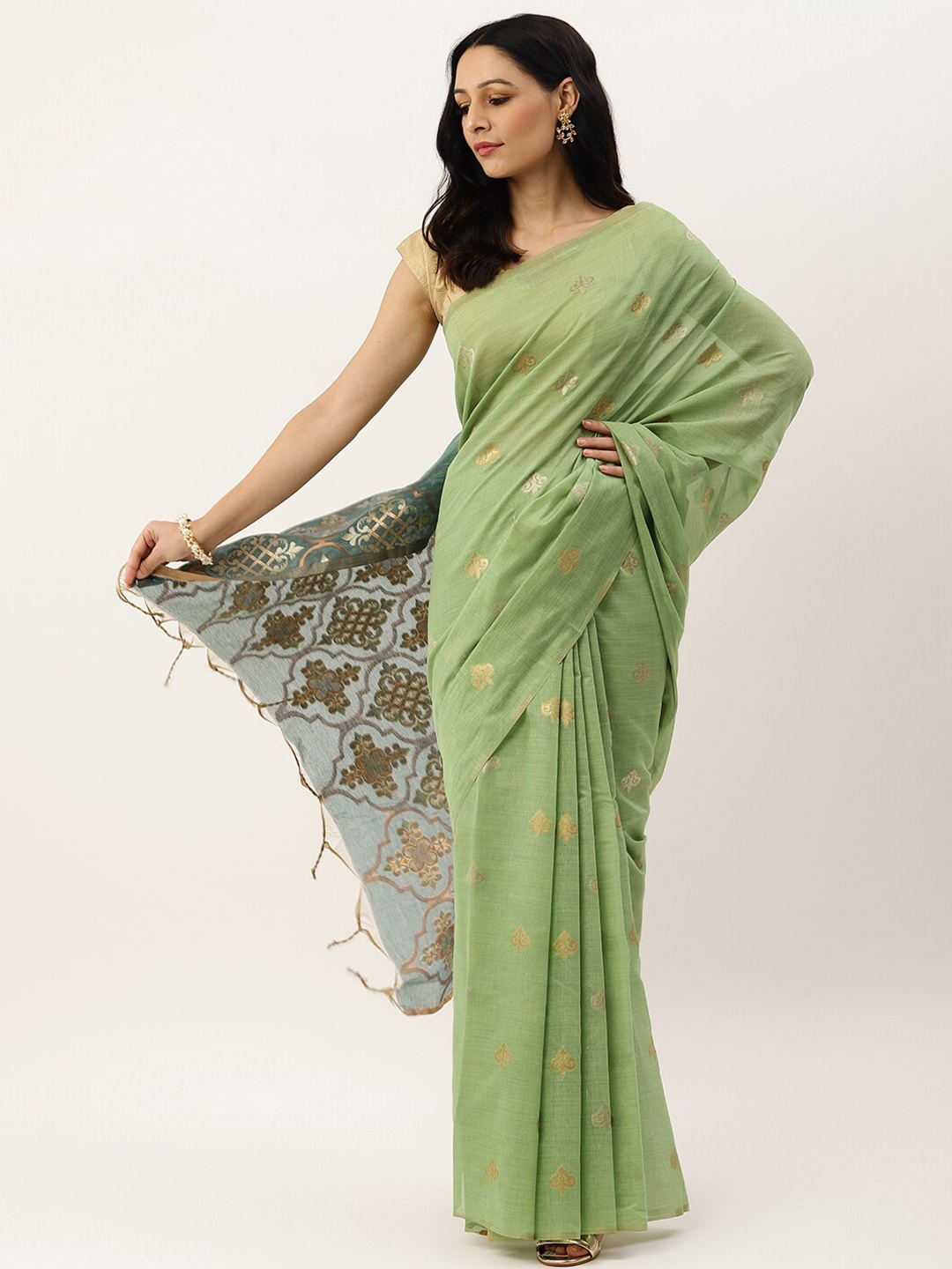 

VISHNU WEAVES Olive Green & Grey Ethnic Motifs Pure Linen Banarasi Saree