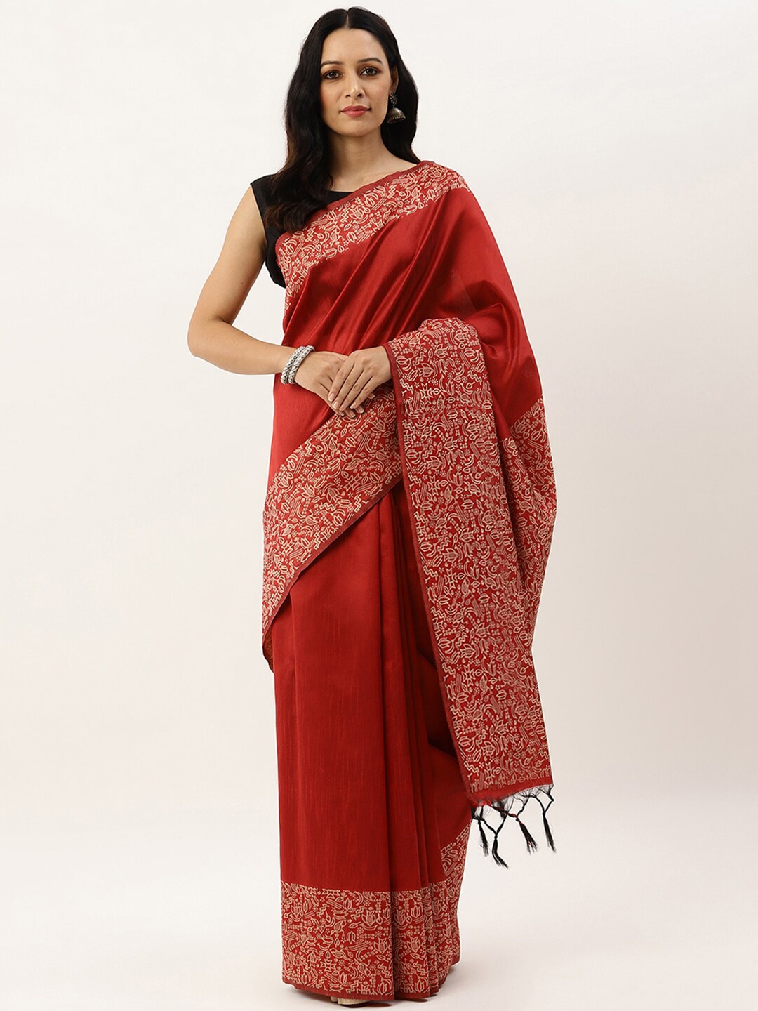 

VISHNU WEAVES Red & Off White Ethnic Motifs Bhagalpuri Saree