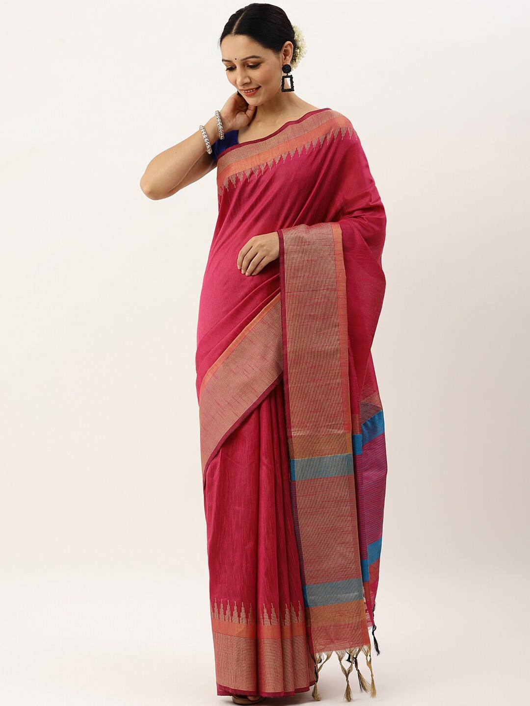 

VISHNU WEAVES Pink & Blue Woven Design Saree