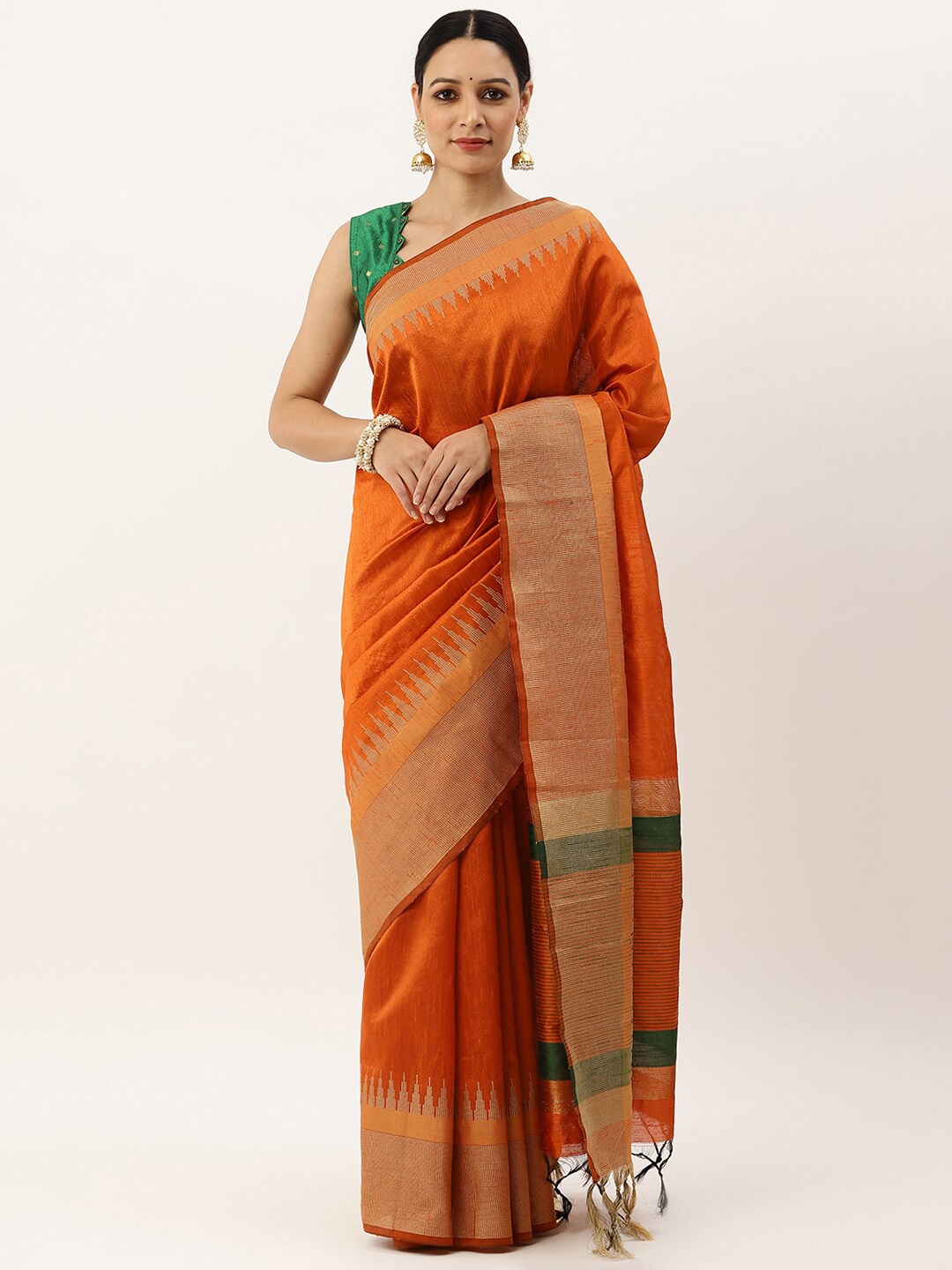 

VISHNU WEAVES Orange & Green Woven Design Bhagalpuri Saree