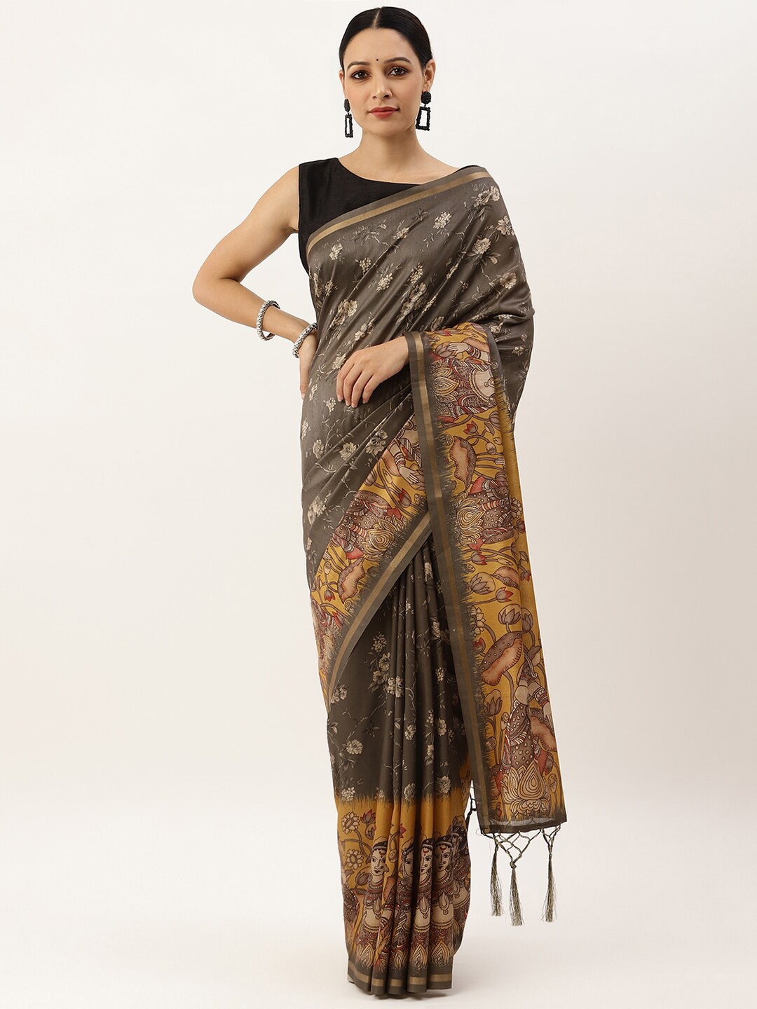 

VISHNU WEAVES Olive Green & Brown Floral Jute Silk Tussar Saree