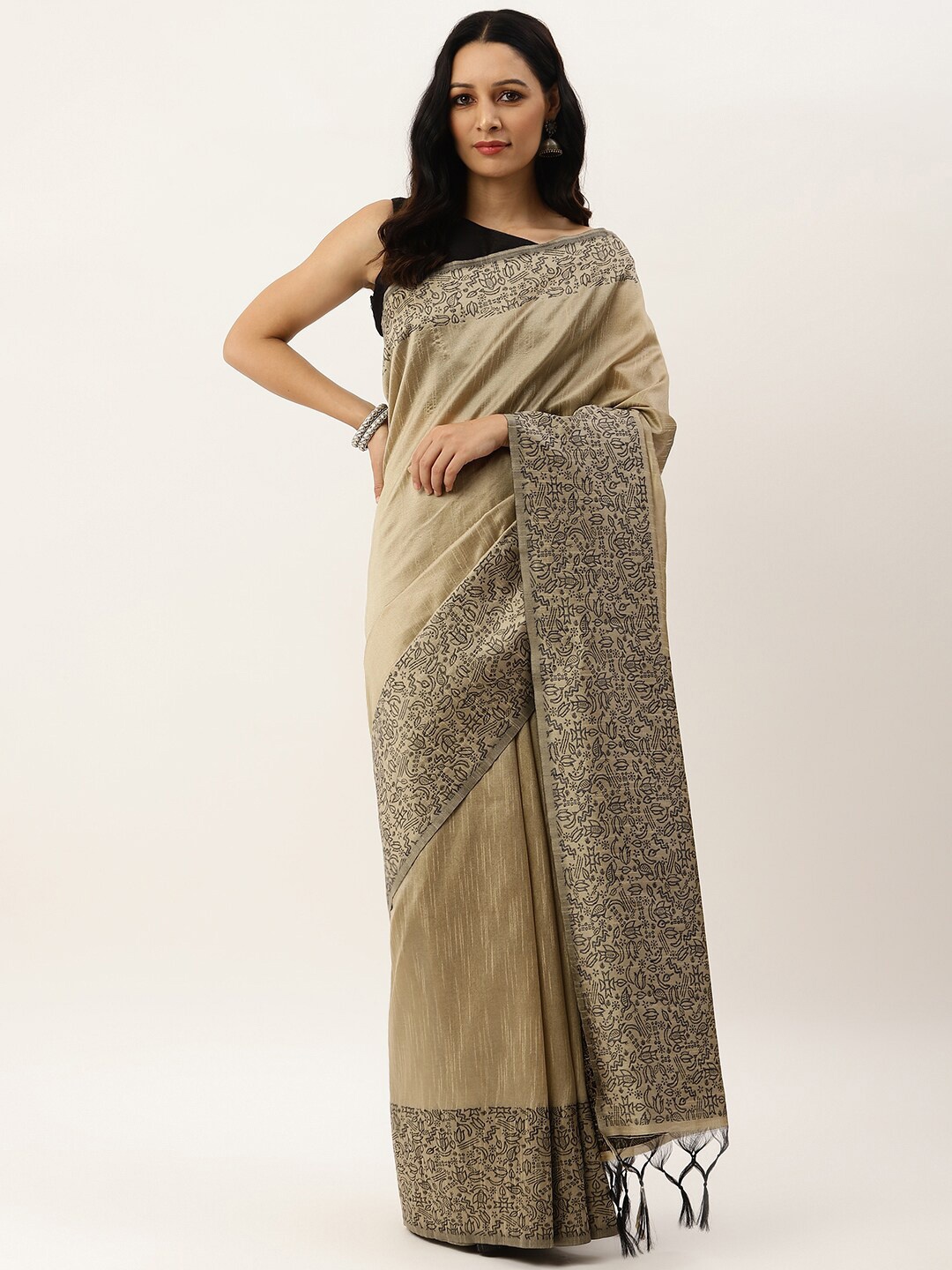 

VISHNU WEAVES Cream-Coloured & Black Woven Design Bhagalpuri Saree