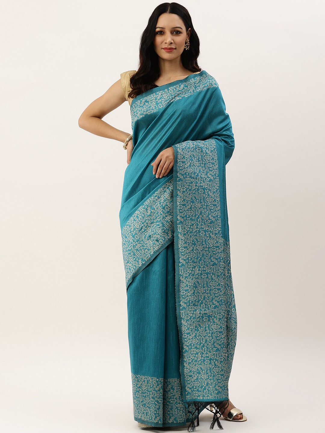 

VISHNU WEAVES Teal & Off White Bhagalpuri Saree