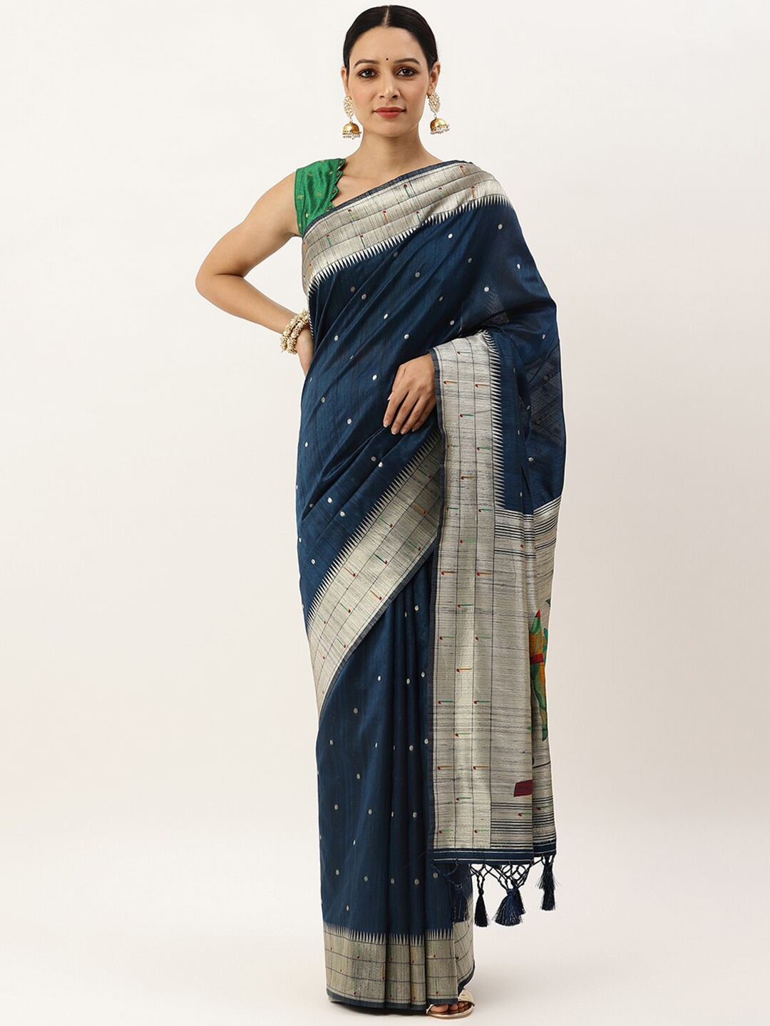 

VISHNU WEAVES Blue & Silver-Toned Woven Design Jute Silk Tussar Saree