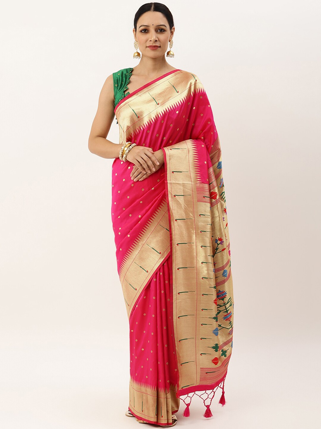 

VISHNU WEAVES Pink & Gold-Toned Woven Design Silk Blend Paithani Saree