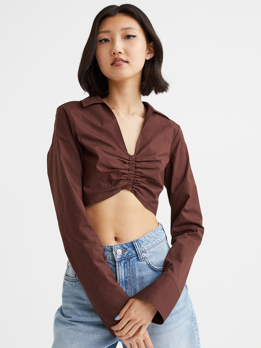 

H&M Women Brown Cropped Gathered Shirt