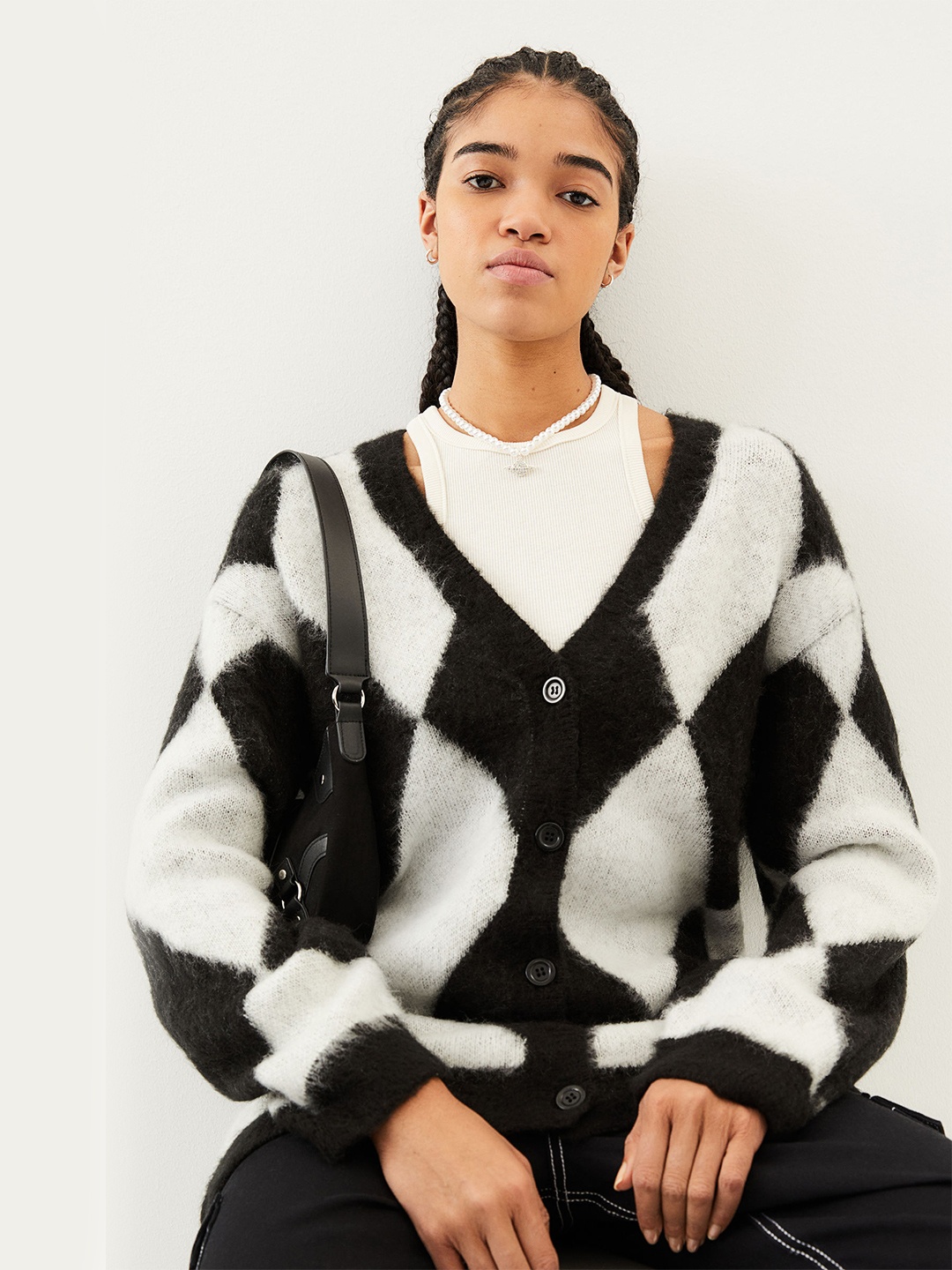 

H&M Women Black Harlequin-Patterned Cardigan