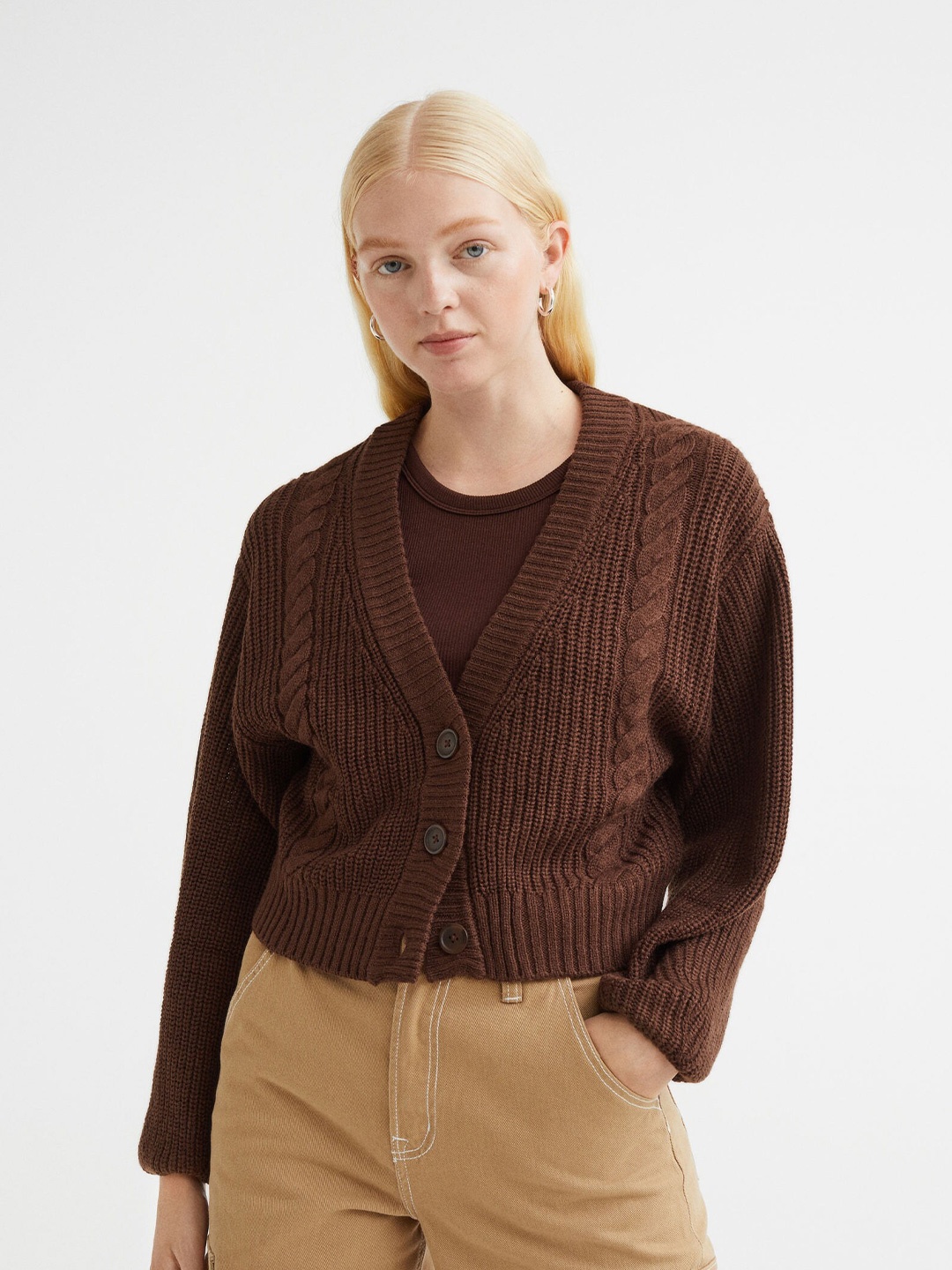 

H&M Women Brown Acrylic Knitted Cardigan
