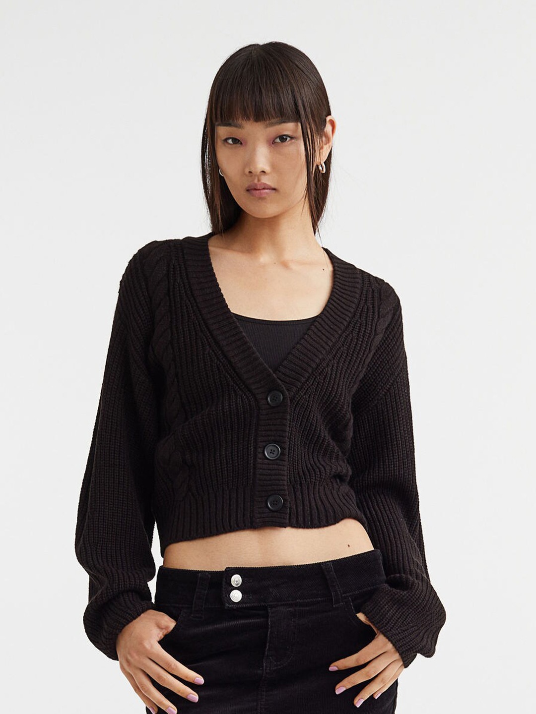 

H&M Women Black Knitted Cardigan