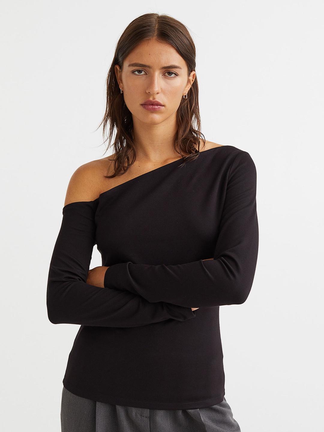 

H&M Women Black One-Shoulder Jersey Top