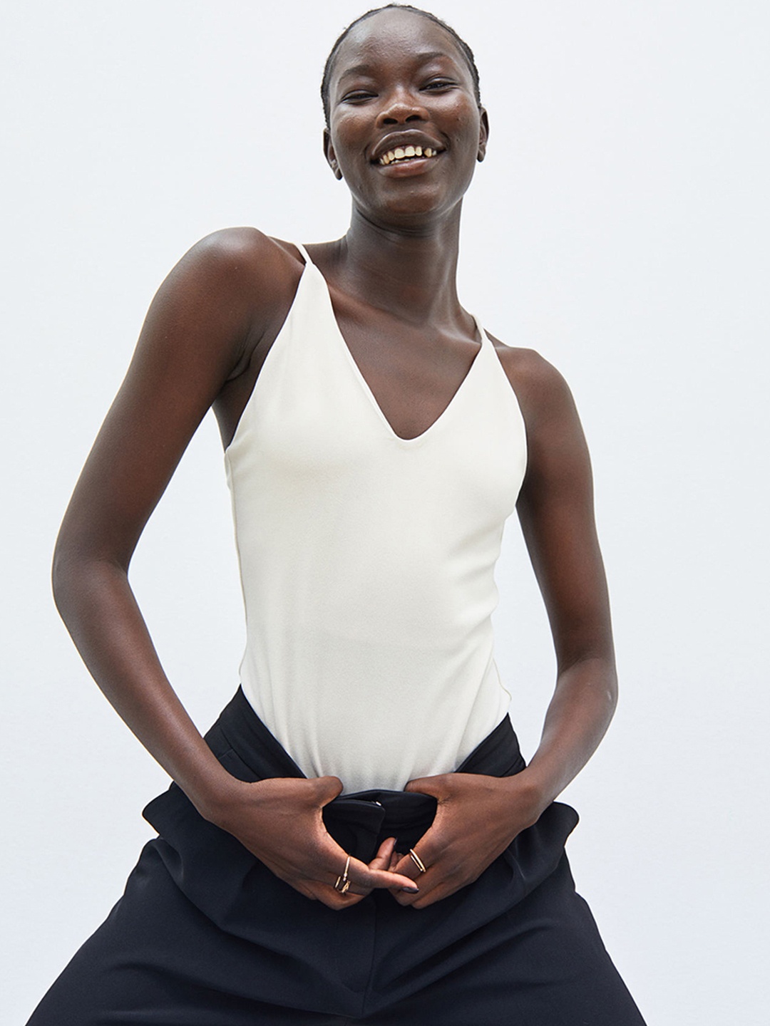 

H&M Women Beige Solid Narrow Shoulder-Strap Bodysuit