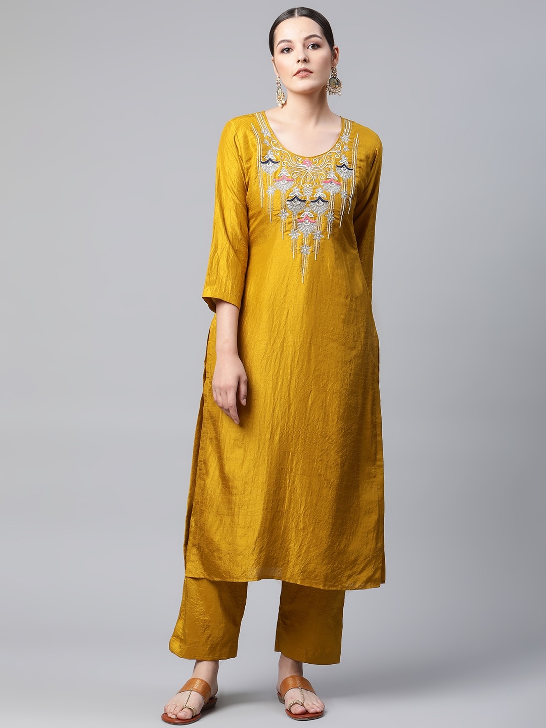 

mokshi Women Mustard Yellow Ethnic Motifs Embroidered Chanderi Silk Kurta with Palazzos