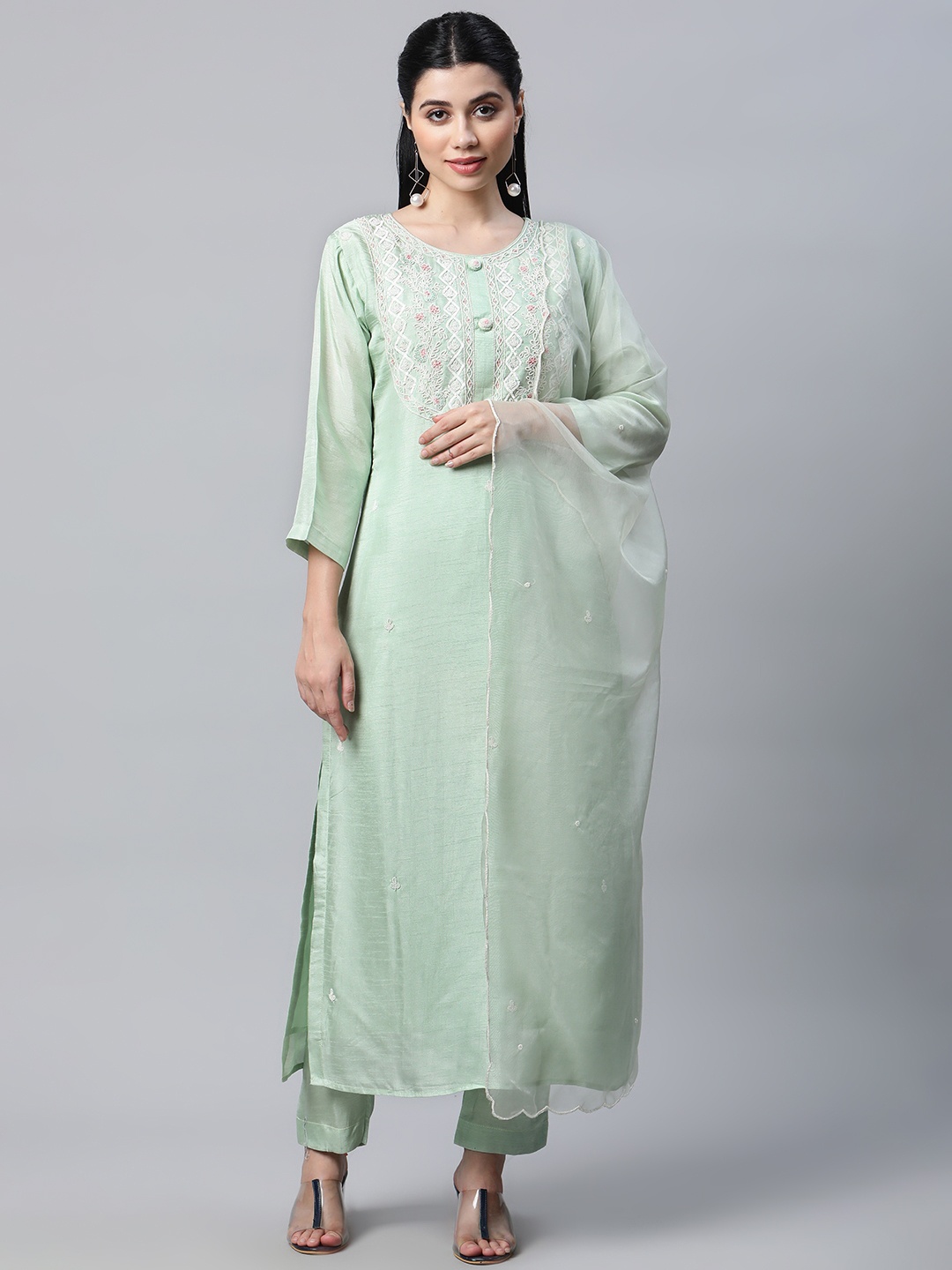 

mokshi Women Green Beads and Stones Chanderi Silk Kurta with Palazzos & With Dupatta