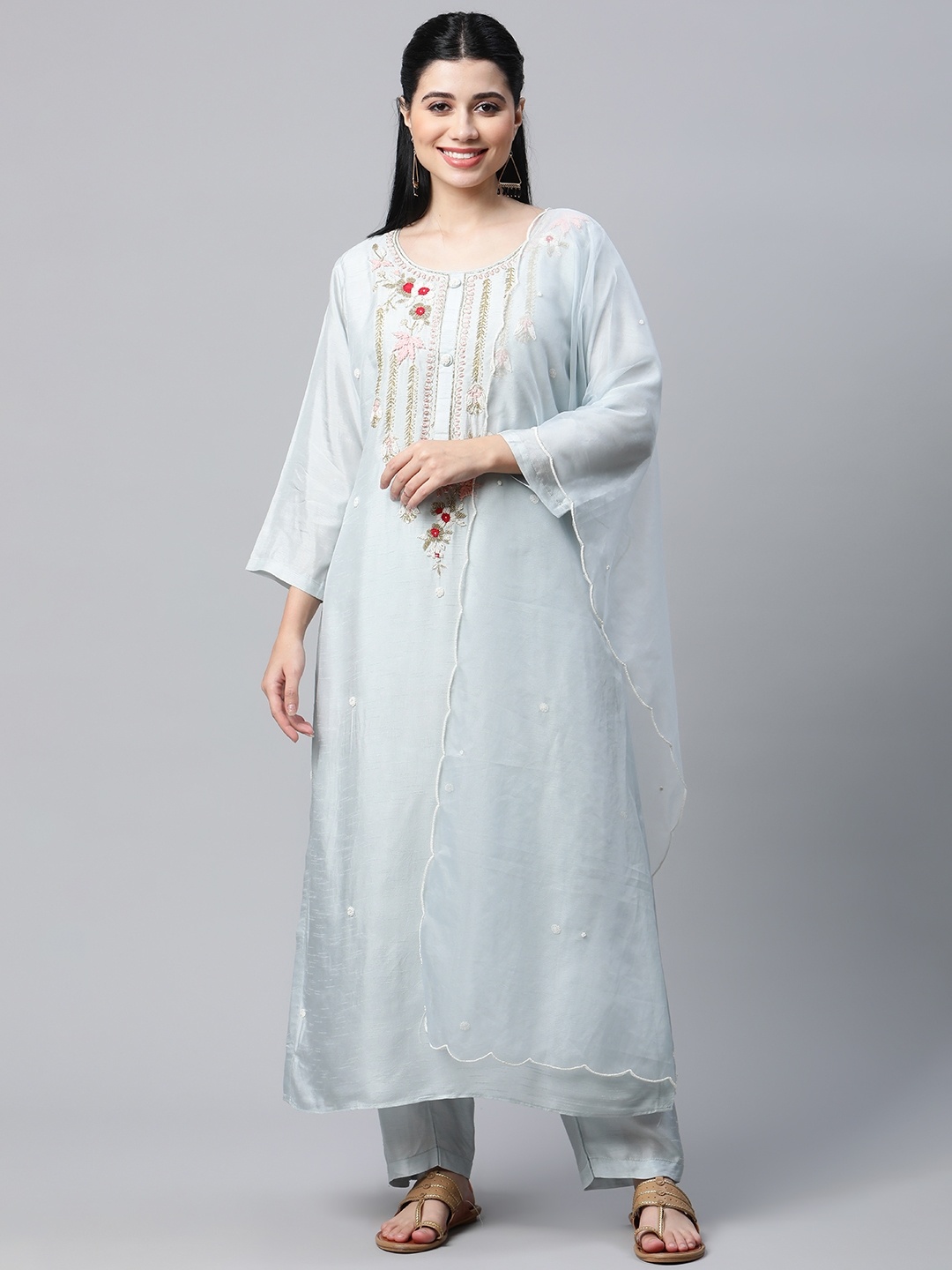 

mokshi Women Blue Ethnic Yoke Design Chanderi Silk Kurta with Trousers & Dupatta
