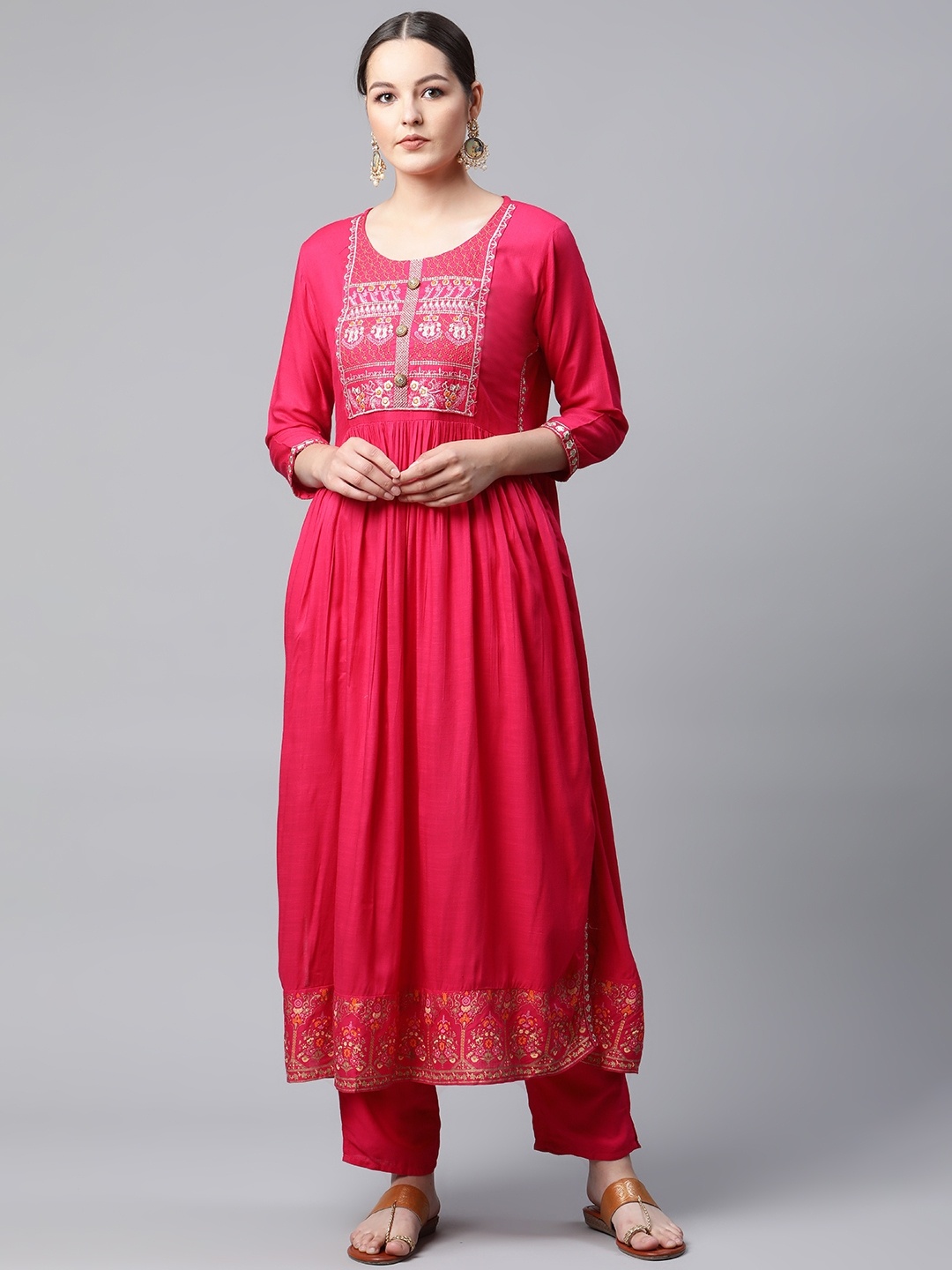 

mokshi Women Pink Ethnic Motifs Embroidered Kurta with Palazzos