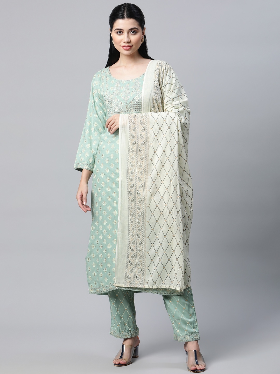 

mokshi Women Green & Golden Ethnic Printed Sequinned Kurta with Palazzos & With Dupatta
