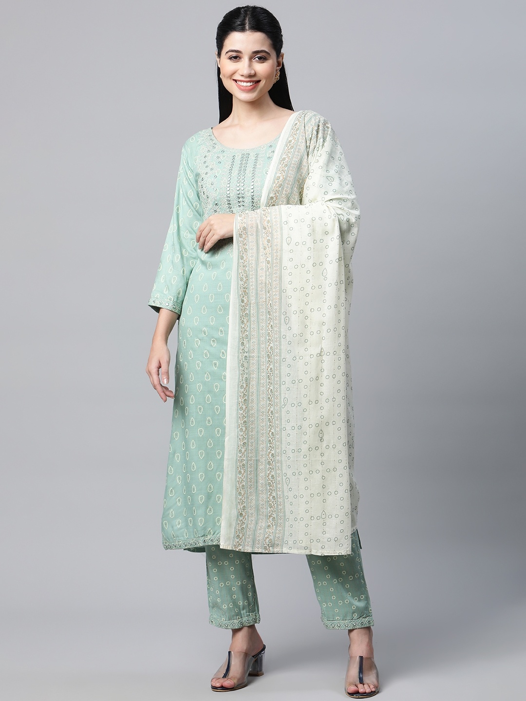 

mokshi Women Green & White Ethnic Motifs Printed Mirror Work Kurta with Palazzos & Dupatta