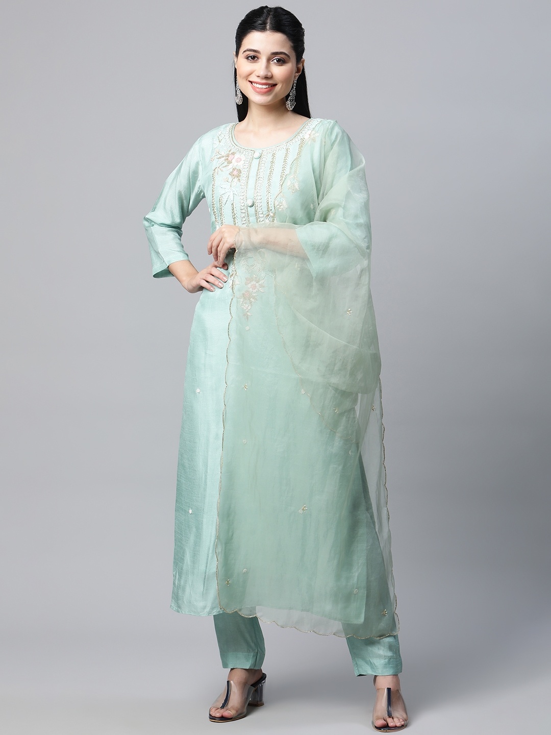 

mokshi Women Green Ethnic Motifs Yoke Design Chanderi Silk Kurta with Palazzos & Dupatta