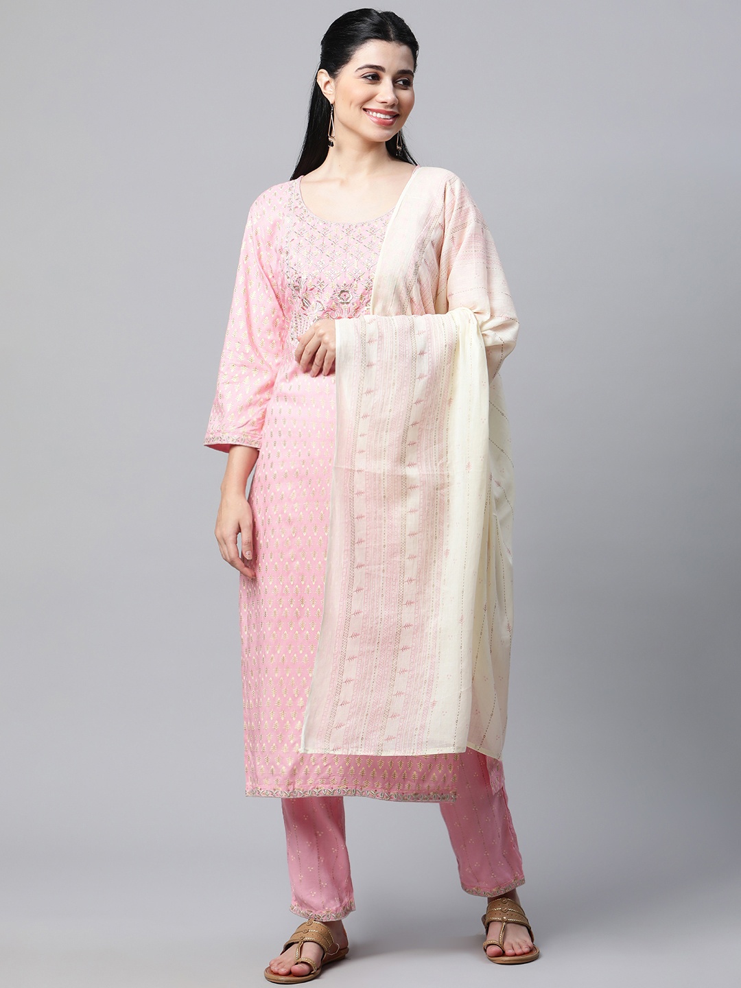 

mokshi Women Pink & Golden Ethnic Printed Sequinned Kurta with Trousers & Dupatta