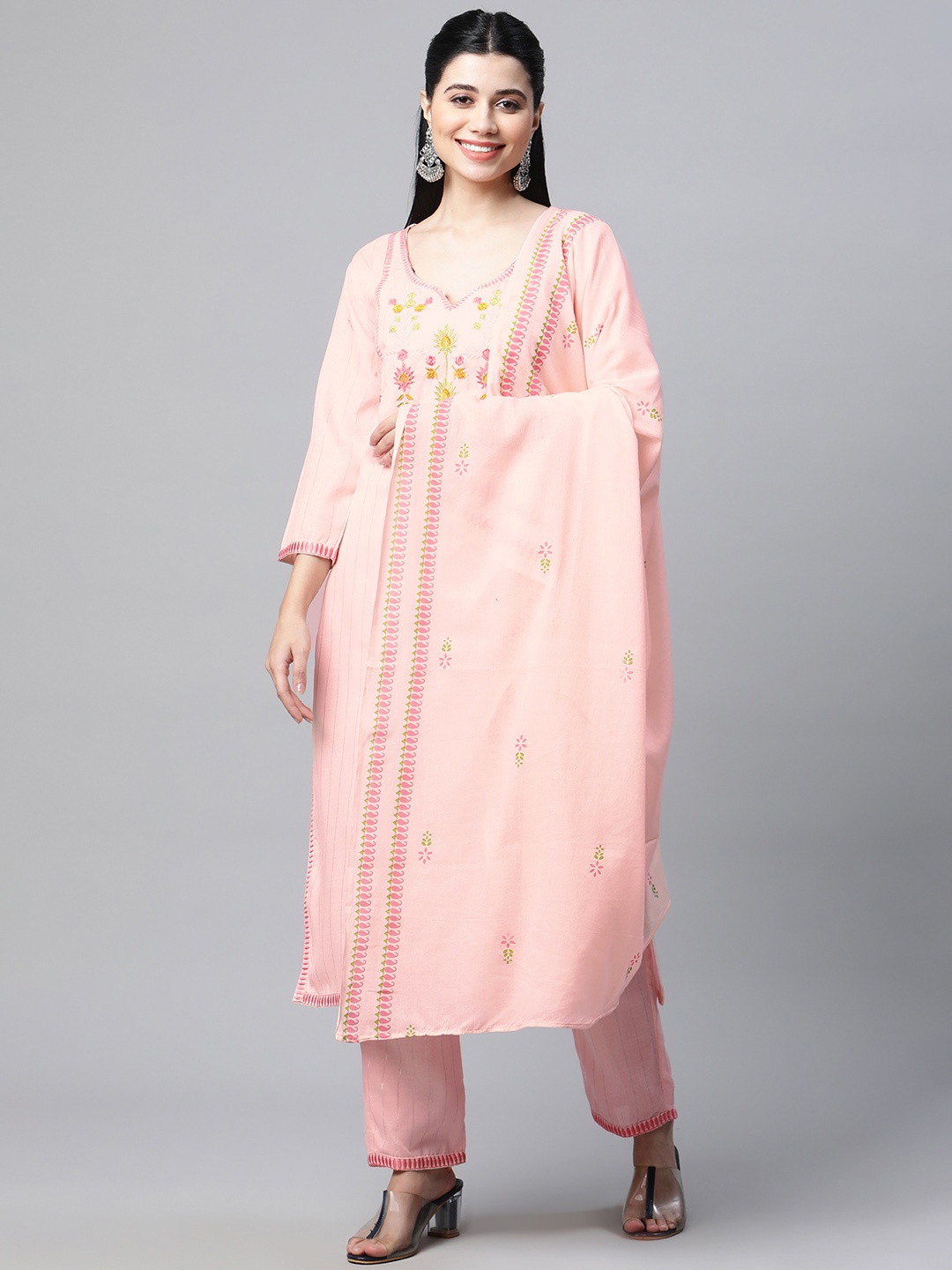 

mokshi Women Peach-Coloured Ethnic Motifs Yoke Design Kurta with Trousers & With Dupatta