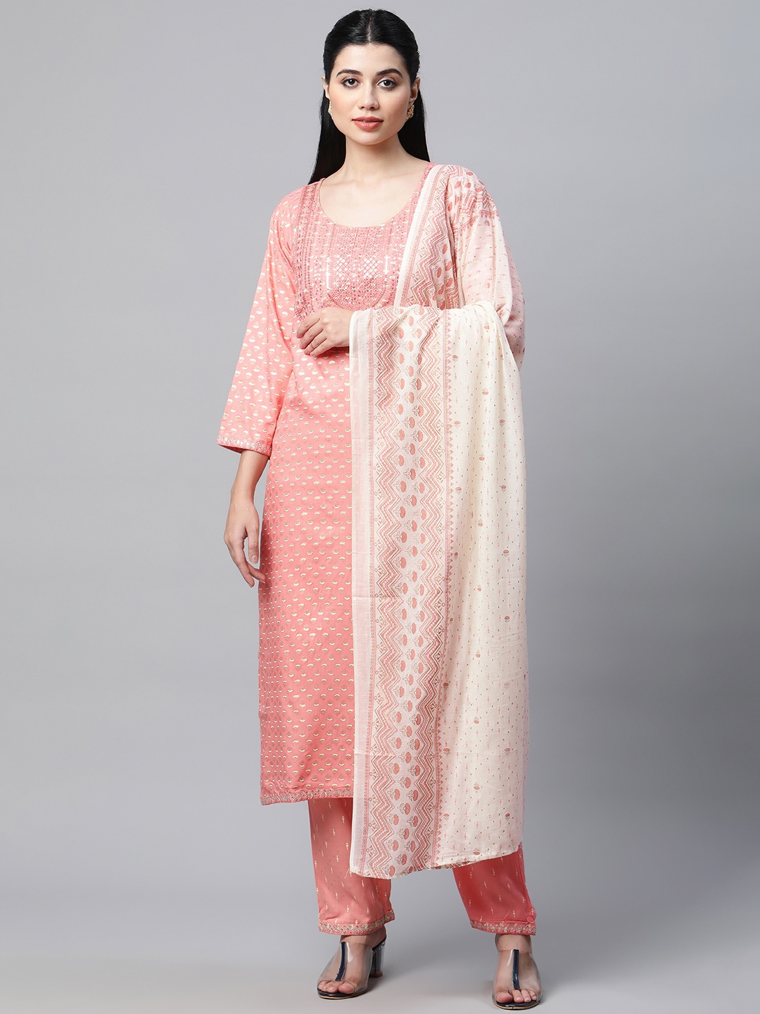 

mokshi Women Pink & Golden Ethnic Motifs Printed Kurta with Palazzos & With Dupatta