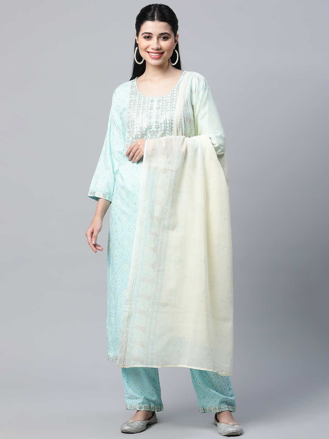 

mokshi Women Blue & Golden Ethnic Printed Sequinned Kurta with Palazzos & Dupatta