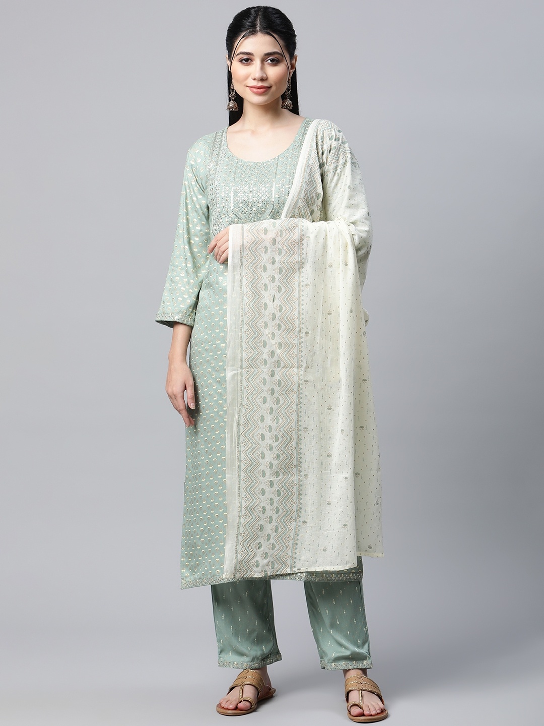 

mokshi Women Green & Golden Ethnic Motifs Printed Kurta with Palazzos & With Dupatta
