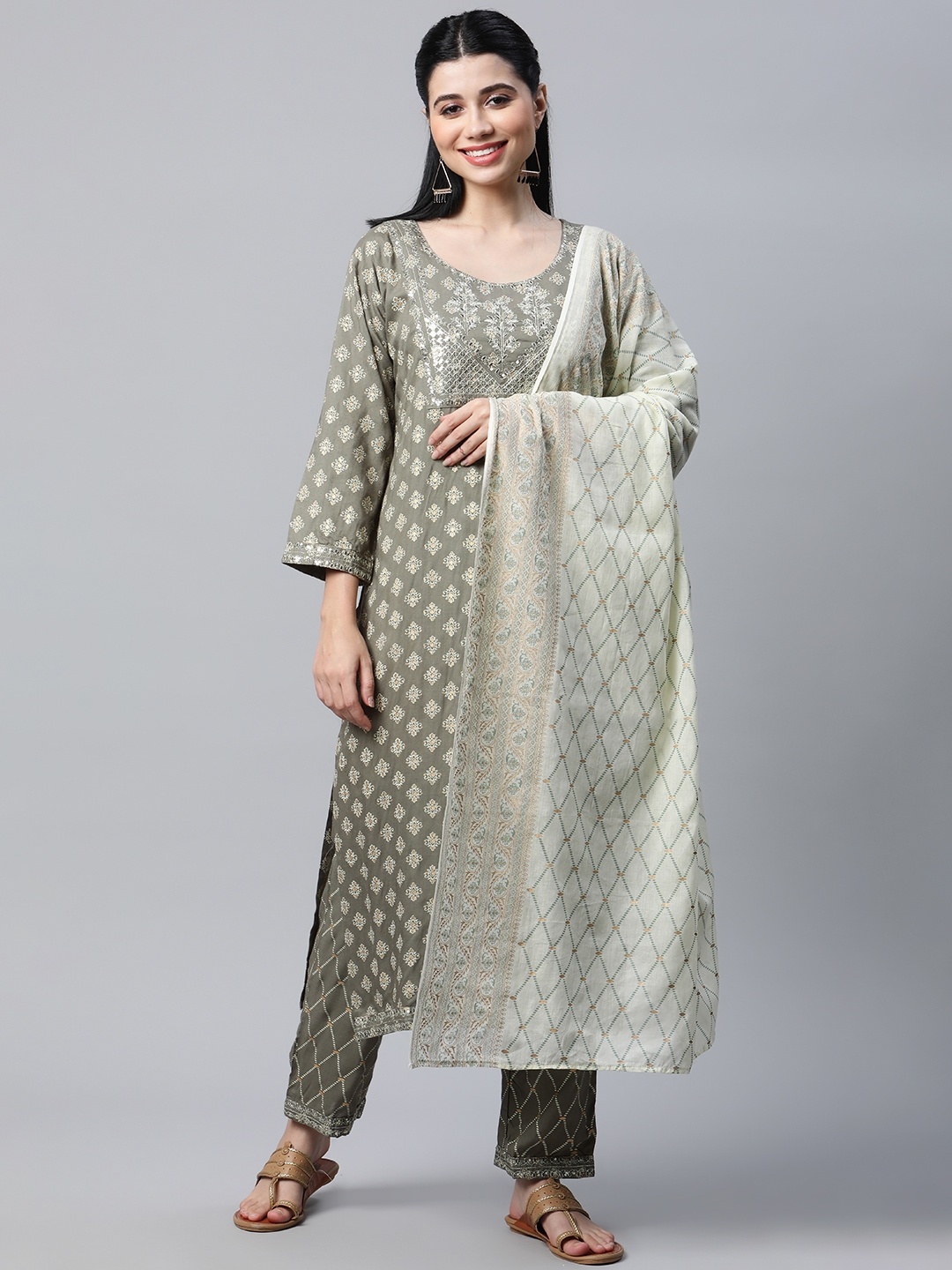 

mokshi Women Grey & Cream-Coloured Ethnic Printed Sequinned Kurta with Palazzos & Dupatta