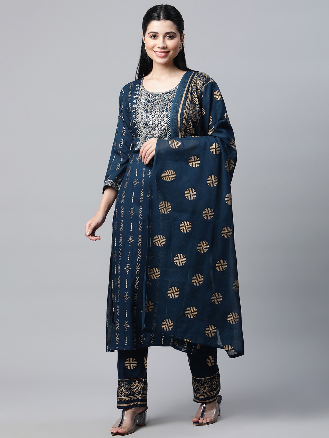 

mokshi Women Navy Blue & Golden Ethnic Motifs Printed Kurta with Palazzos & Dupatta